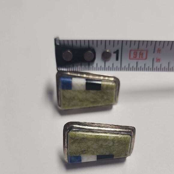 Geometric Stone Inlay Earrings Sterling Silver 925 Signed EP 925 - Picture 4 of 4